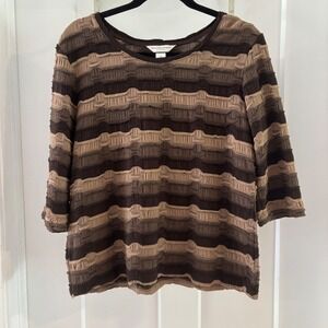 Christopher & Banks Medium Petite MP Brown Striped Textured 3/4 Y2K style Top
